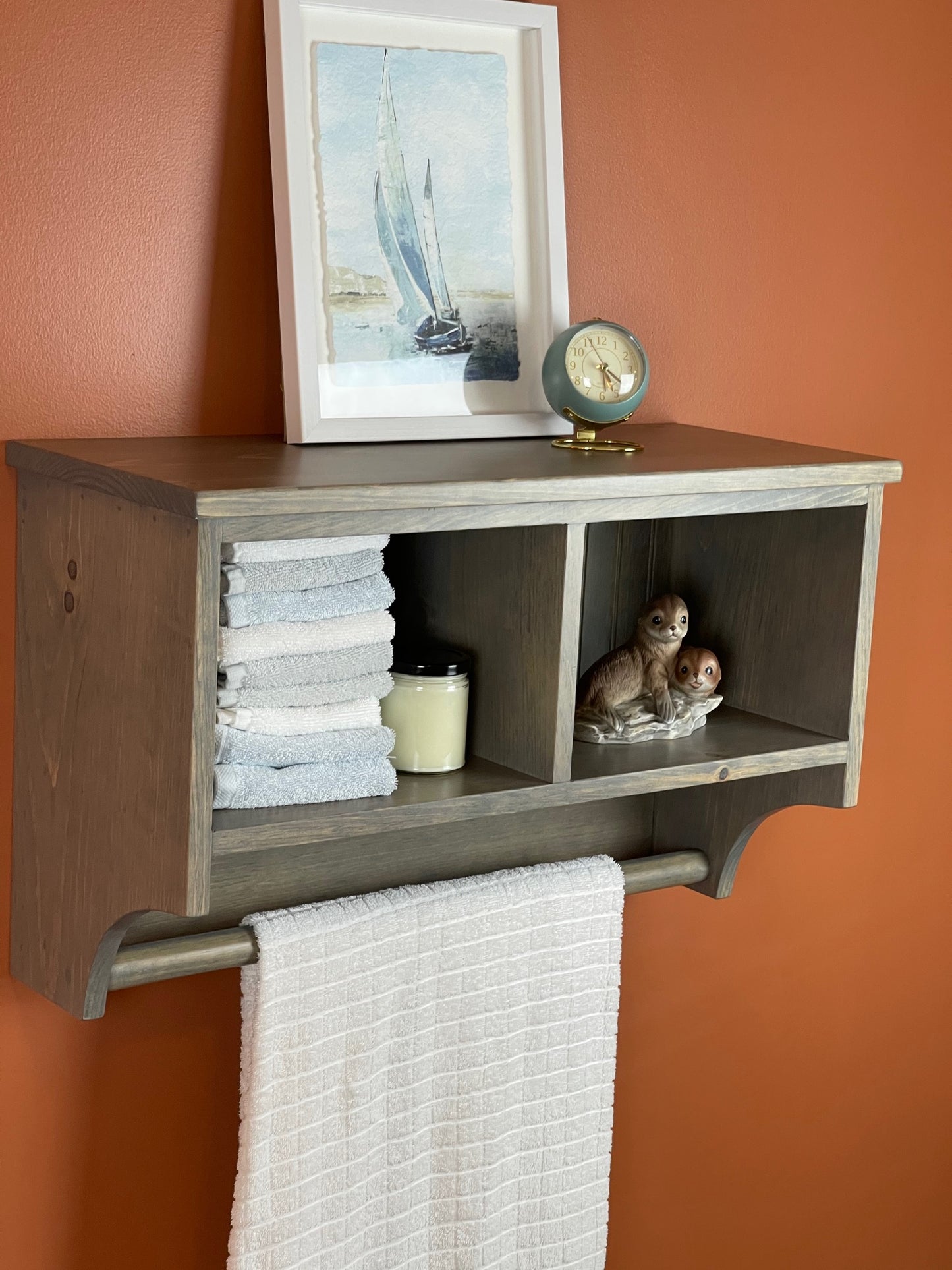 Bathroom Cubby with Towel Rod, many colors available