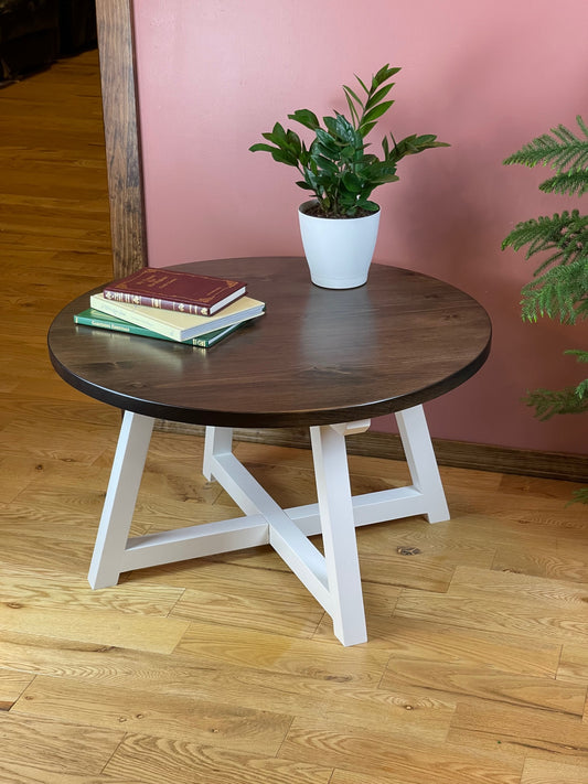 Round Wooden Coffee Table, End Table, Stained Top and Painted Bottom, Many colors available