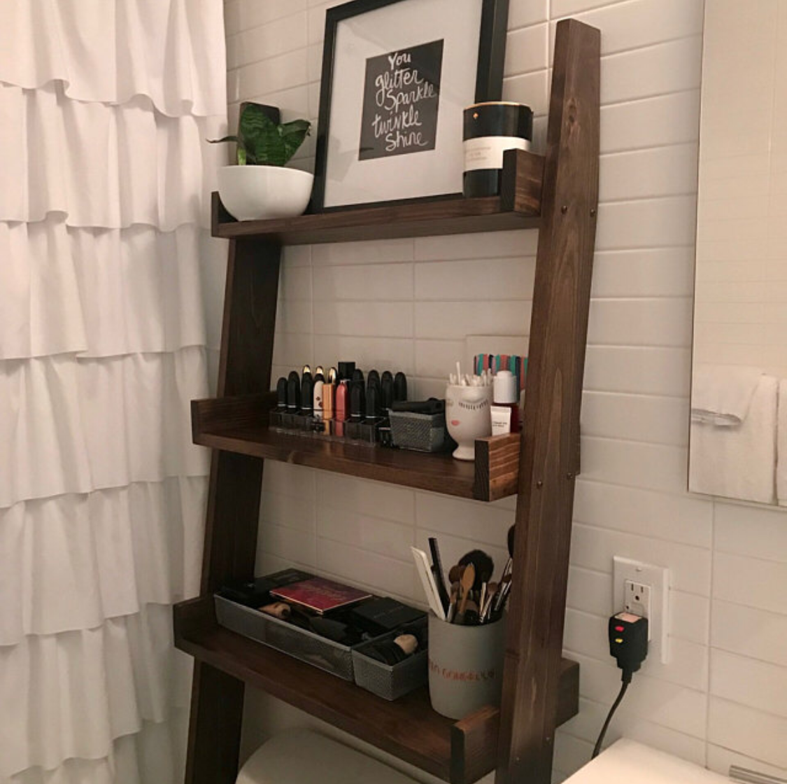 Ships Free in 1 Business Day  - Dark walnut stained Over-the-toilet Ladder Shelf