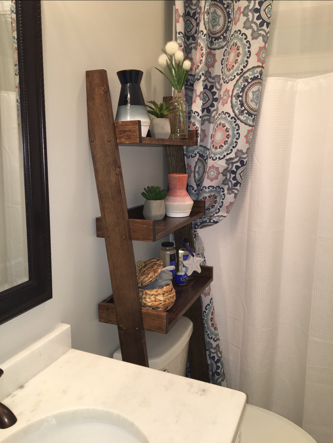 Ships Free in 1 Business Day  - Dark walnut stained Over-the-toilet Ladder Shelf