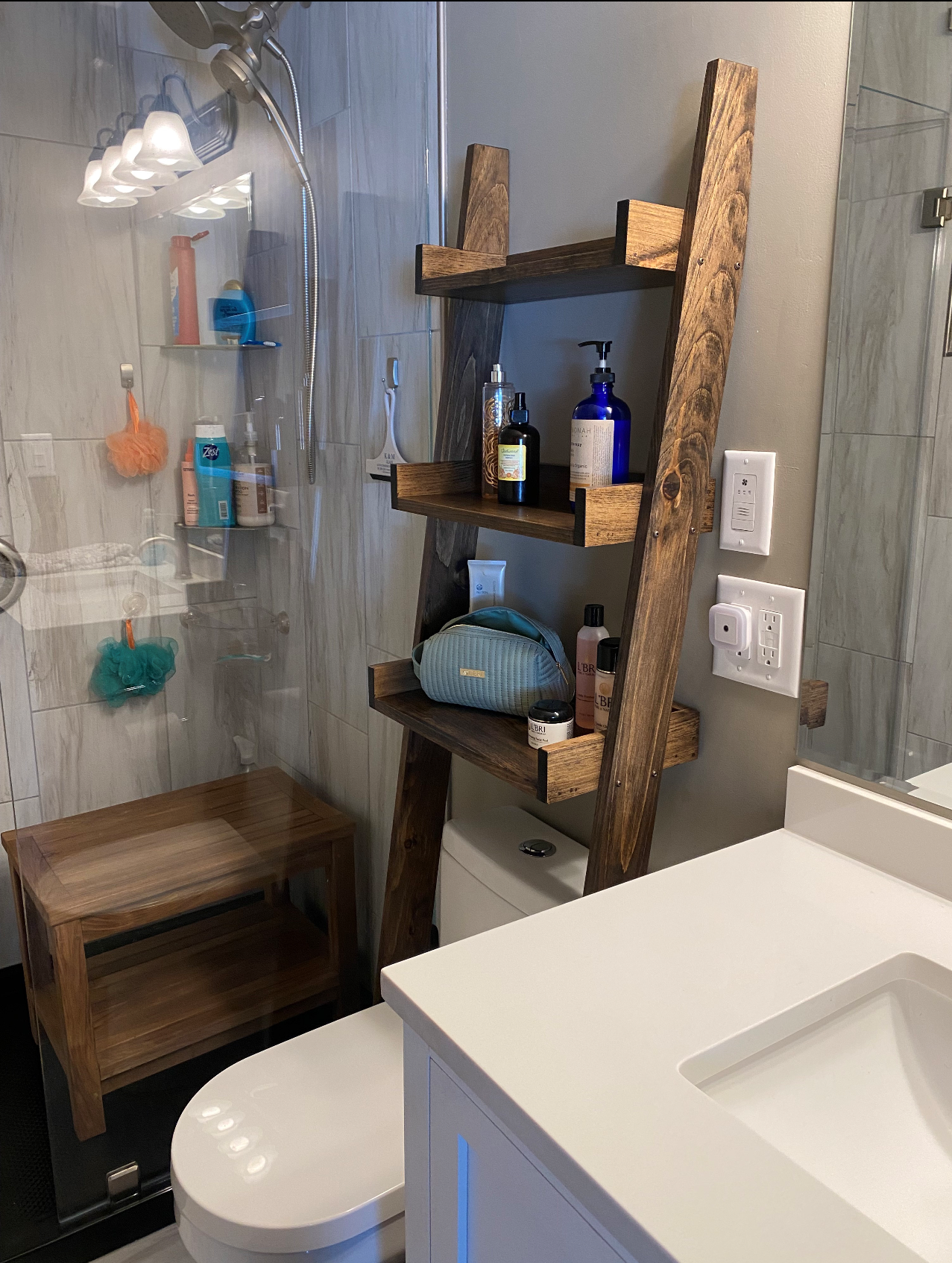 Ships Free in 1 Business Day  - Dark walnut stained Over-the-toilet Ladder Shelf