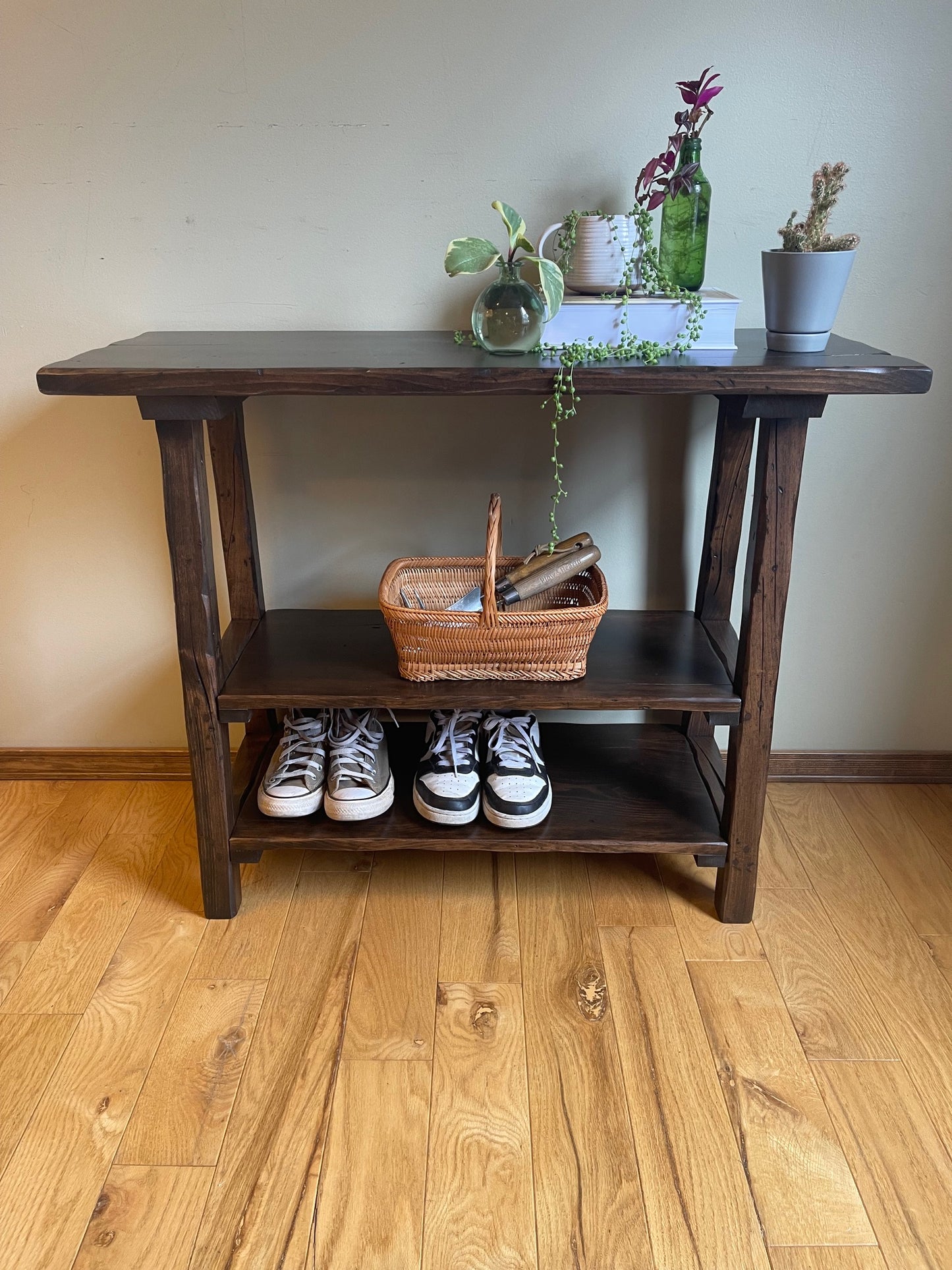 Hand Distressed Console Table with 2 Shelves