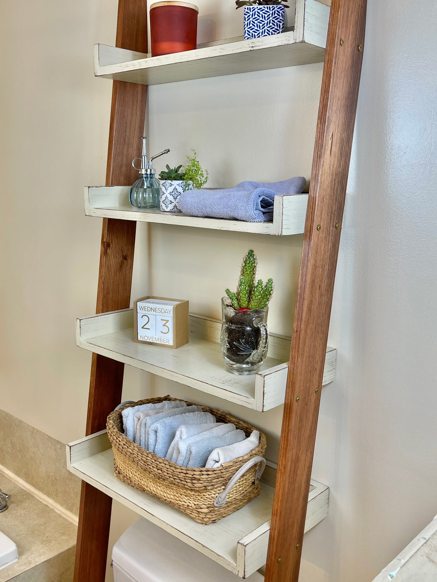 Four Shelf, Tall, Over the Toilet Ladder Shelf