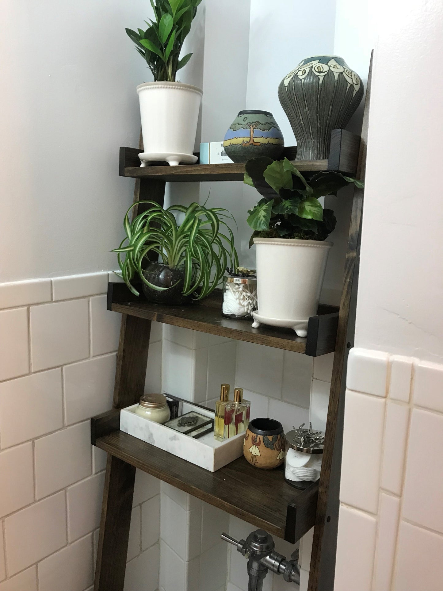 Ships Free in 1 Business Day  - Dark walnut stained Over-the-toilet Ladder Shelf